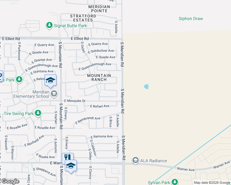 map of restaurants, bars, coffee shops, grocery stores, and more near 11535 East Reuben Avenue in Mesa