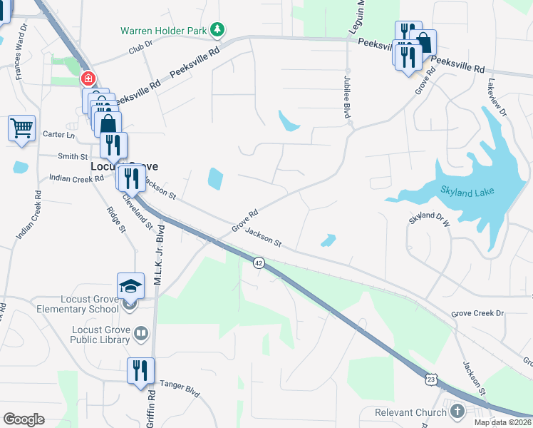 map of restaurants, bars, coffee shops, grocery stores, and more near 116 Grove Road in Locust Grove