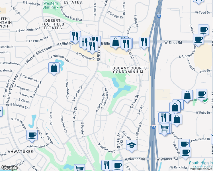 map of restaurants, bars, coffee shops, grocery stores, and more near 11441 South Ahwatukee Drive in Phoenix