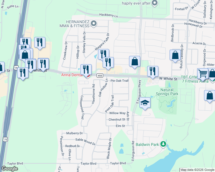 map of restaurants, bars, coffee shops, grocery stores, and more near 809 Oak Hollow Lane in Anna