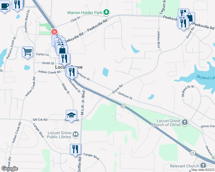 map of restaurants, bars, coffee shops, grocery stores, and more near 943 Jackson Street in Locust Grove