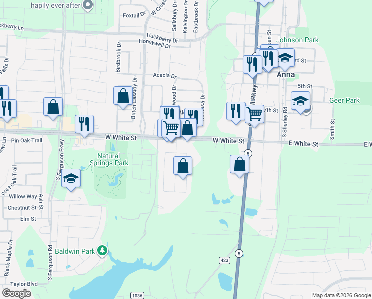 map of restaurants, bars, coffee shops, grocery stores, and more near 801 Hazel's Way in Anna