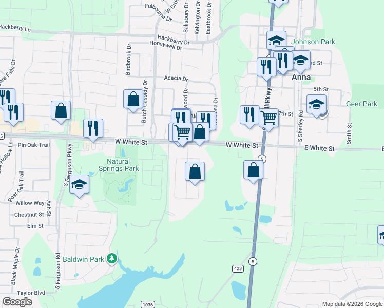 map of restaurants, bars, coffee shops, grocery stores, and more near 720 Westgate Court in Anna