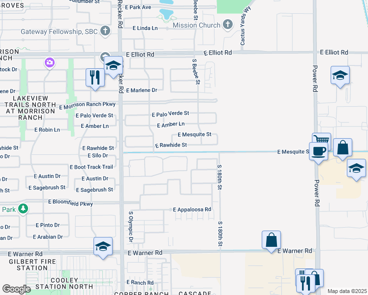 map of restaurants, bars, coffee shops, grocery stores, and more near 4259 East Rawhide Street in Gilbert