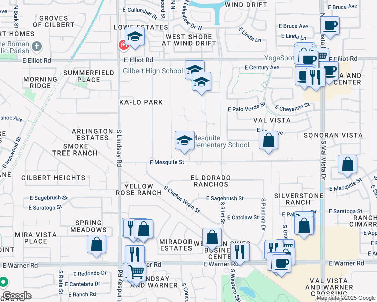 map of restaurants, bars, coffee shops, grocery stores, and more near 1000 East Mesquite Street in Gilbert