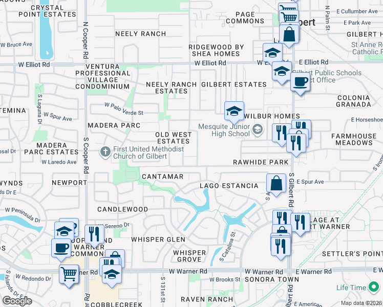 map of restaurants, bars, coffee shops, grocery stores, and more near 350 West Laredo Avenue in Gilbert