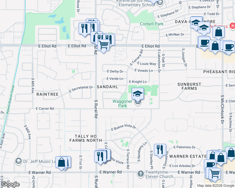 map of restaurants, bars, coffee shops, grocery stores, and more near 1017 East Secretariat Drive in Tempe