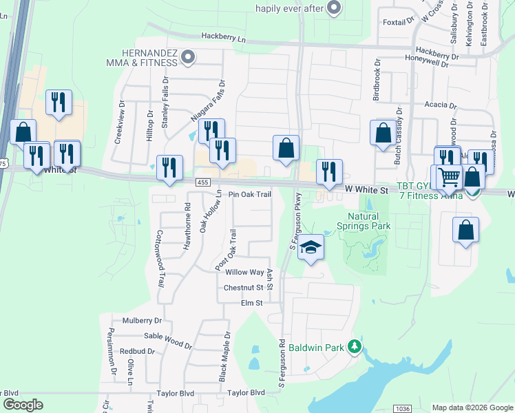 map of restaurants, bars, coffee shops, grocery stores, and more near 1606 Black Oak Court in Anna