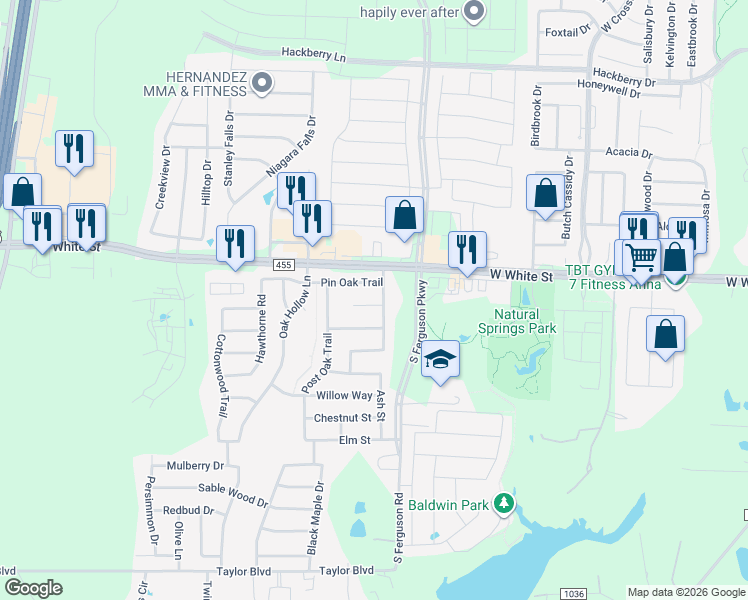 map of restaurants, bars, coffee shops, grocery stores, and more near 1606 Black Oak Court in Anna