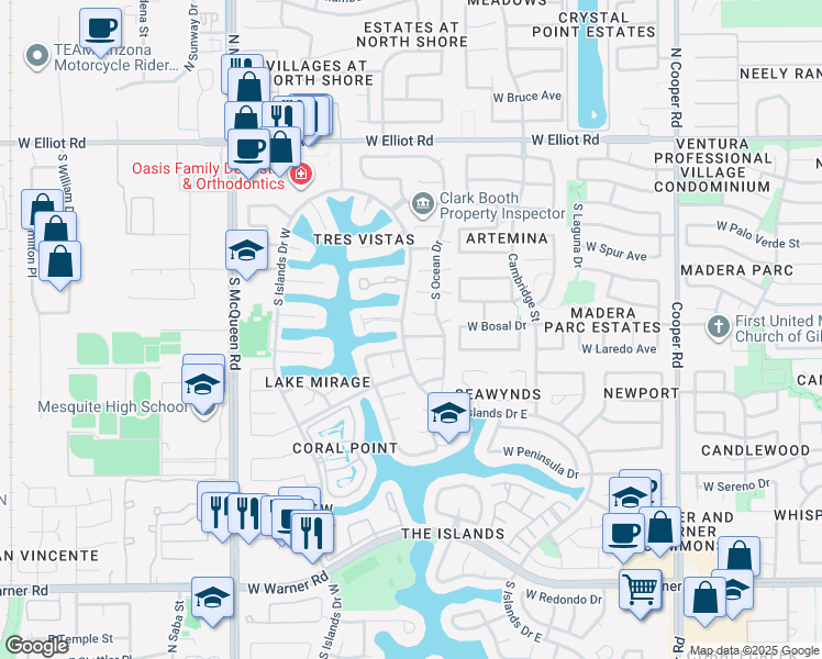 map of restaurants, bars, coffee shops, grocery stores, and more near 1256 West Atlantic Drive in Gilbert