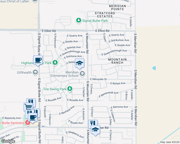 map of restaurants, bars, coffee shops, grocery stores, and more near 3930 South Emery Circle in Mesa