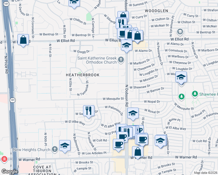 map of restaurants, bars, coffee shops, grocery stores, and more near in Chandler