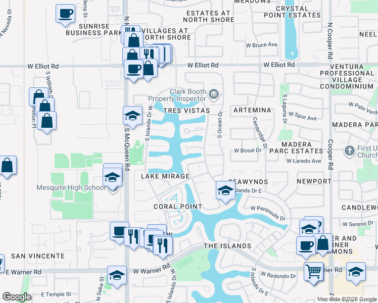 map of restaurants, bars, coffee shops, grocery stores, and more near 1341 West Windrift Way in Gilbert
