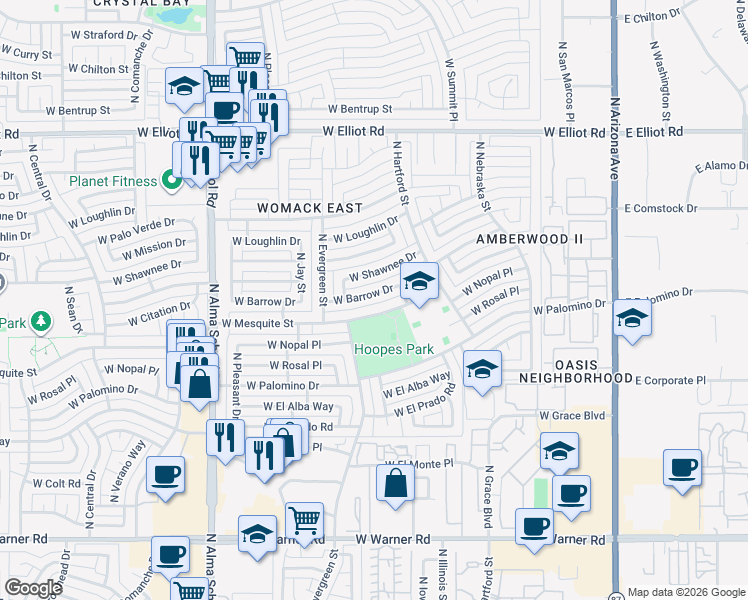 map of restaurants, bars, coffee shops, grocery stores, and more near 664 West Mesquite Street in Chandler