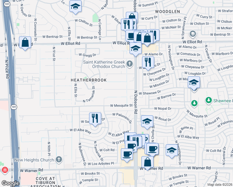 map of restaurants, bars, coffee shops, grocery stores, and more near in Chandler