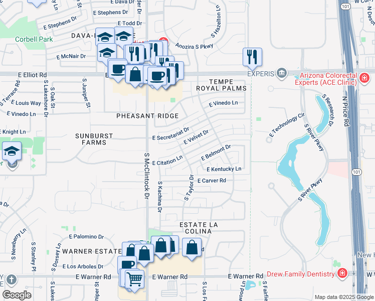 map of restaurants, bars, coffee shops, grocery stores, and more near 1905 East Citation Lane in Tempe