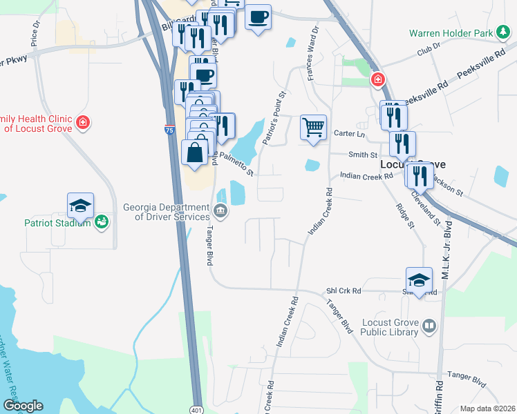 map of restaurants, bars, coffee shops, grocery stores, and more near 420 Pearl Street in Locust Grove