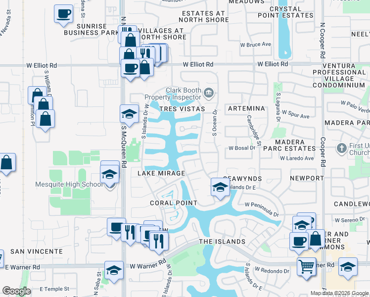 map of restaurants, bars, coffee shops, grocery stores, and more near 1341 West Windrift Way in Gilbert