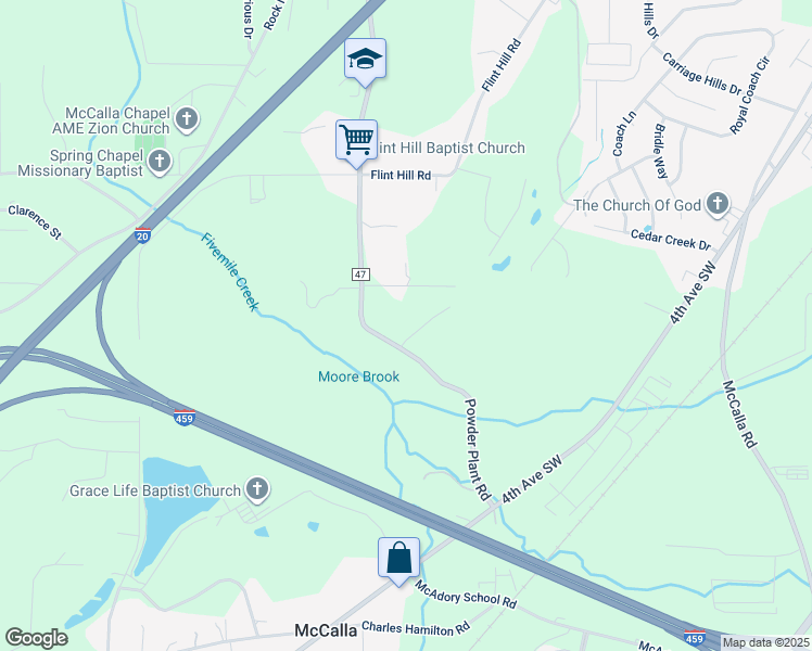 map of restaurants, bars, coffee shops, grocery stores, and more near 1875 Powder Plant Road in McCalla