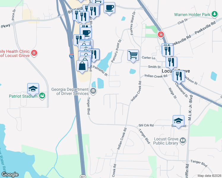 map of restaurants, bars, coffee shops, grocery stores, and more near 422 Pearl Street in Locust Grove