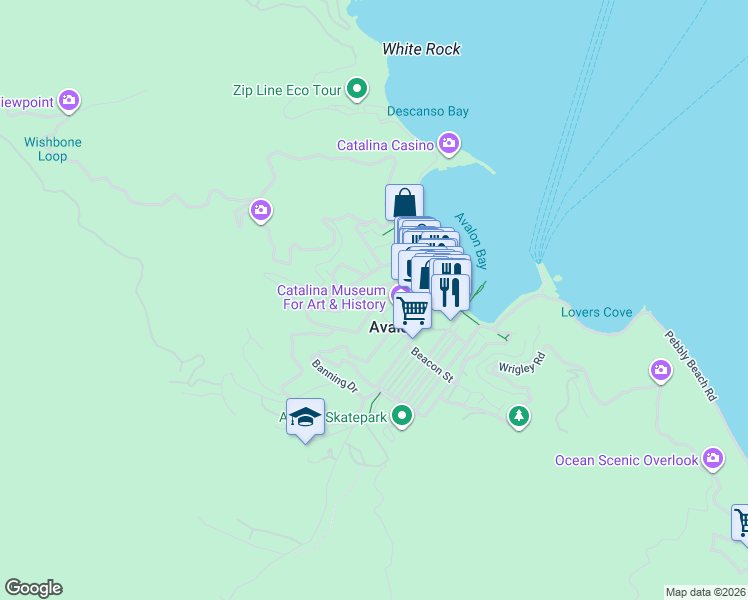 map of restaurants, bars, coffee shops, grocery stores, and more near 261 East Whittley Avenue in Avalon