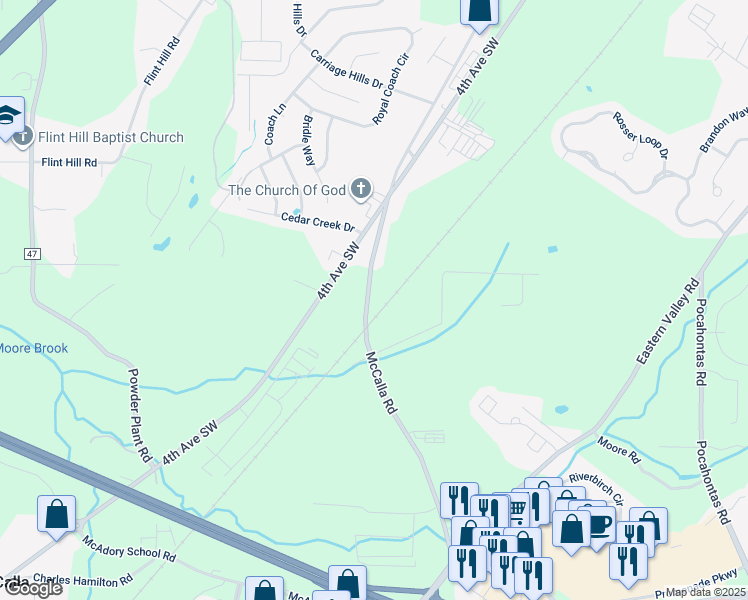 map of restaurants, bars, coffee shops, grocery stores, and more near 191 McCalla Road in Bessemer