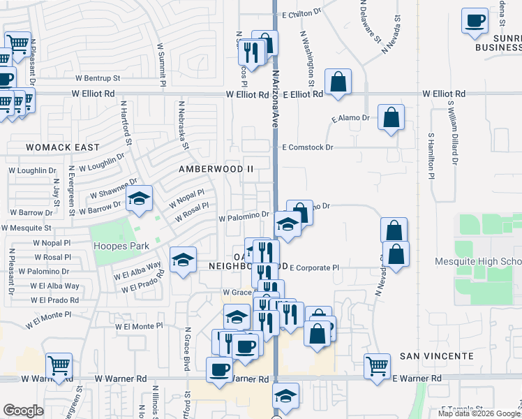 map of restaurants, bars, coffee shops, grocery stores, and more near 102 West Palomino Drive in Chandler