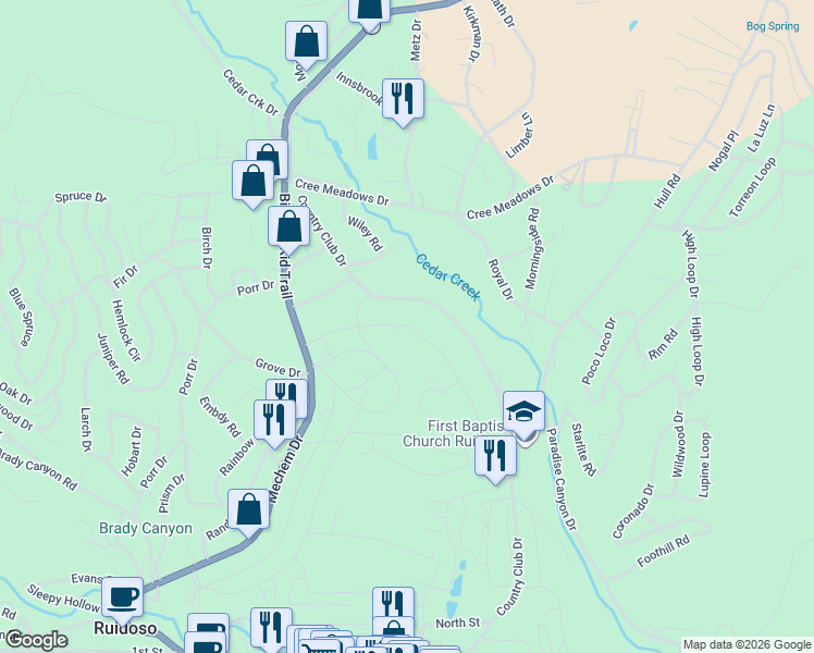 map of restaurants, bars, coffee shops, grocery stores, and more near 215 Barcus Road in Ruidoso