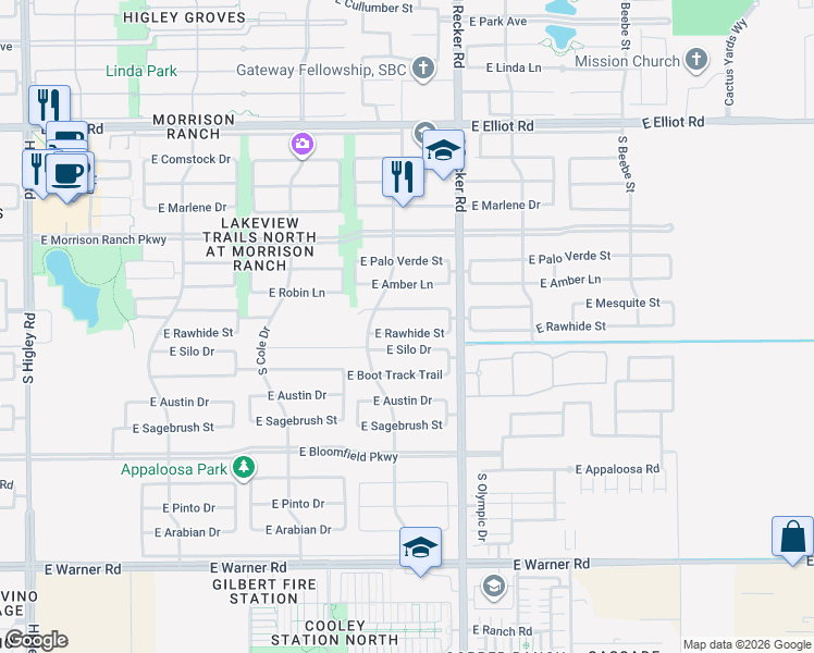 map of restaurants, bars, coffee shops, grocery stores, and more near 3906 East Rawhide Street in Gilbert