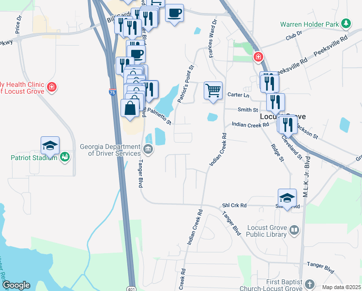map of restaurants, bars, coffee shops, grocery stores, and more near 426 Pearl Street in Locust Grove