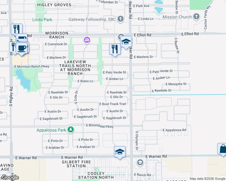 map of restaurants, bars, coffee shops, grocery stores, and more near 3906 East Rawhide Street in Gilbert