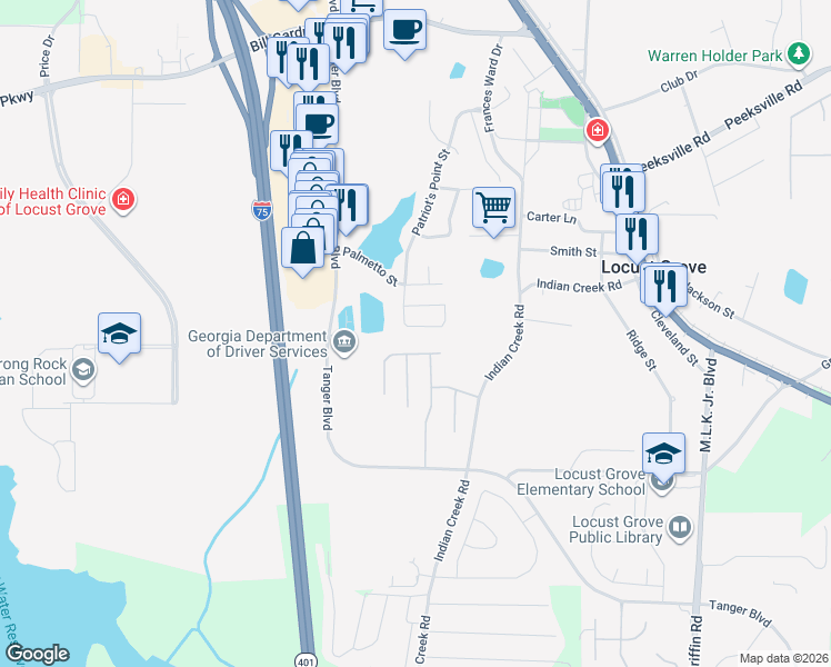 map of restaurants, bars, coffee shops, grocery stores, and more near 424 Pearl Street in Locust Grove
