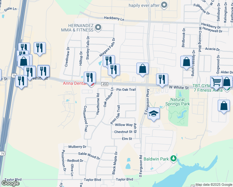 map of restaurants, bars, coffee shops, grocery stores, and more near 810 Post Oak Trail in Anna