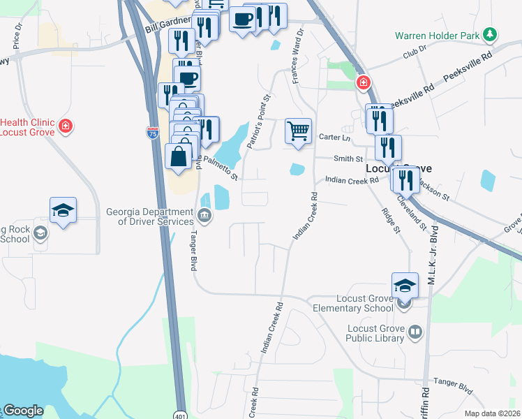 map of restaurants, bars, coffee shops, grocery stores, and more near 432 Pearl Street in Locust Grove