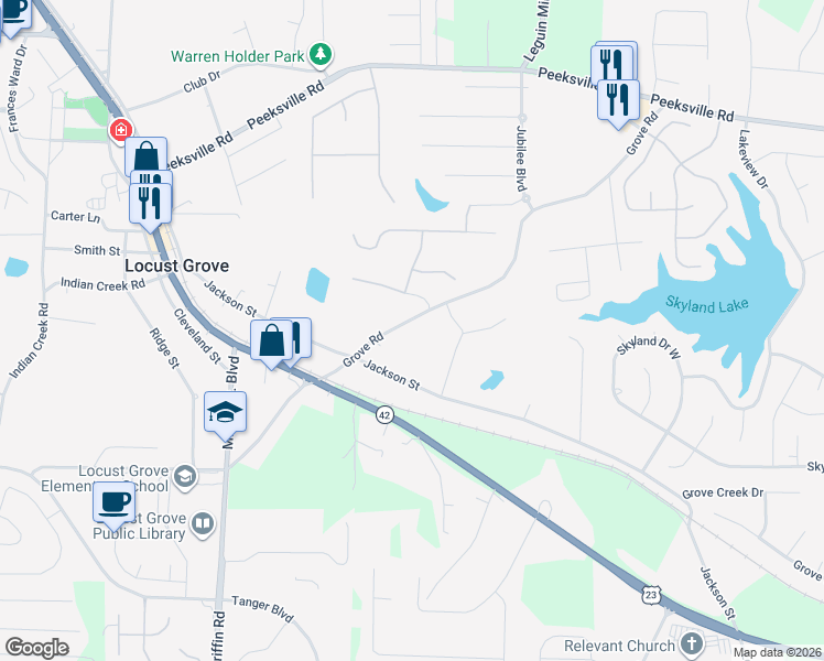 map of restaurants, bars, coffee shops, grocery stores, and more near 116 Grove Road in Locust Grove