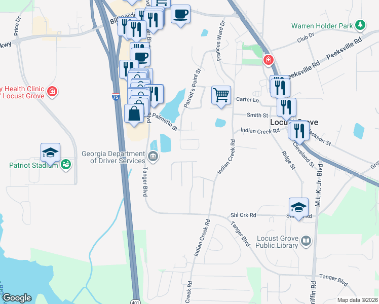 map of restaurants, bars, coffee shops, grocery stores, and more near 428 Pearl Street in Locust Grove