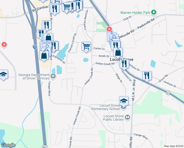 map of restaurants, bars, coffee shops, grocery stores, and more near 378 Indian Creek Road in Locust Grove
