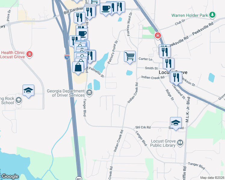 map of restaurants, bars, coffee shops, grocery stores, and more near 430 Pearl Street in Locust Grove