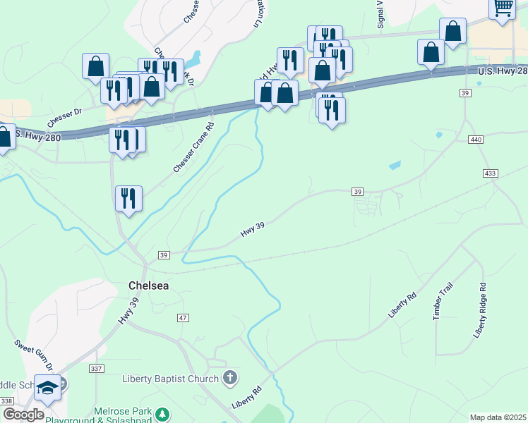 map of restaurants, bars, coffee shops, grocery stores, and more near 484 Highway 39 in Chelsea