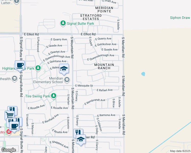 map of restaurants, bars, coffee shops, grocery stores, and more near 11345 East Ramblewood Avenue in Mesa