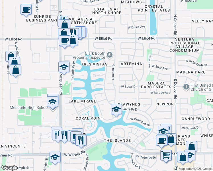 map of restaurants, bars, coffee shops, grocery stores, and more near 1256 West Atlantic Drive in Gilbert