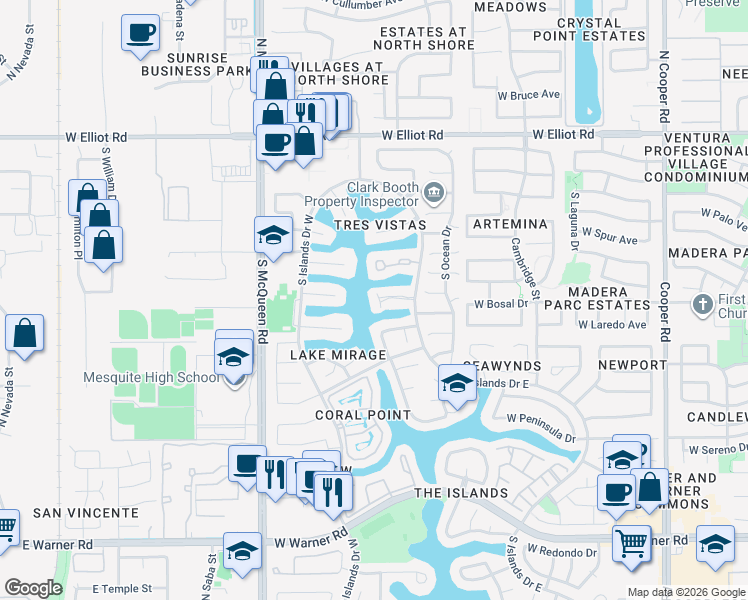 map of restaurants, bars, coffee shops, grocery stores, and more near 1341 West Windrift Way in Gilbert