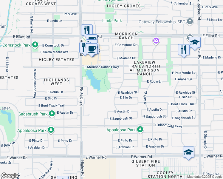 map of restaurants, bars, coffee shops, grocery stores, and more near 3405 East Mesquite Street in Gilbert