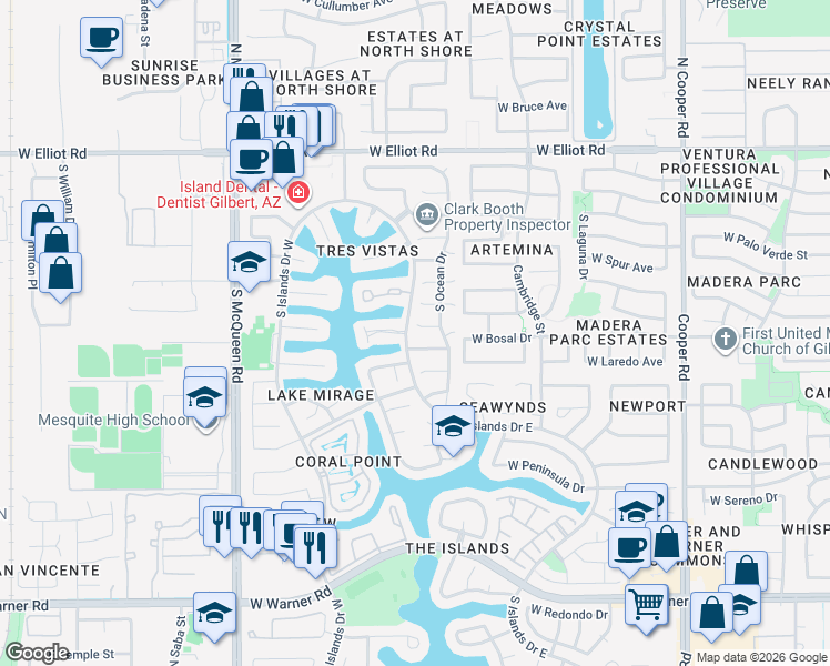 map of restaurants, bars, coffee shops, grocery stores, and more near 1256 West Atlantic Drive in Gilbert