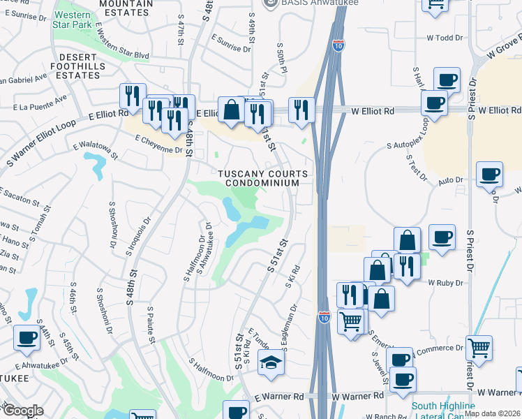 map of restaurants, bars, coffee shops, grocery stores, and more near 5005 East Mesquite Wood Court in Phoenix