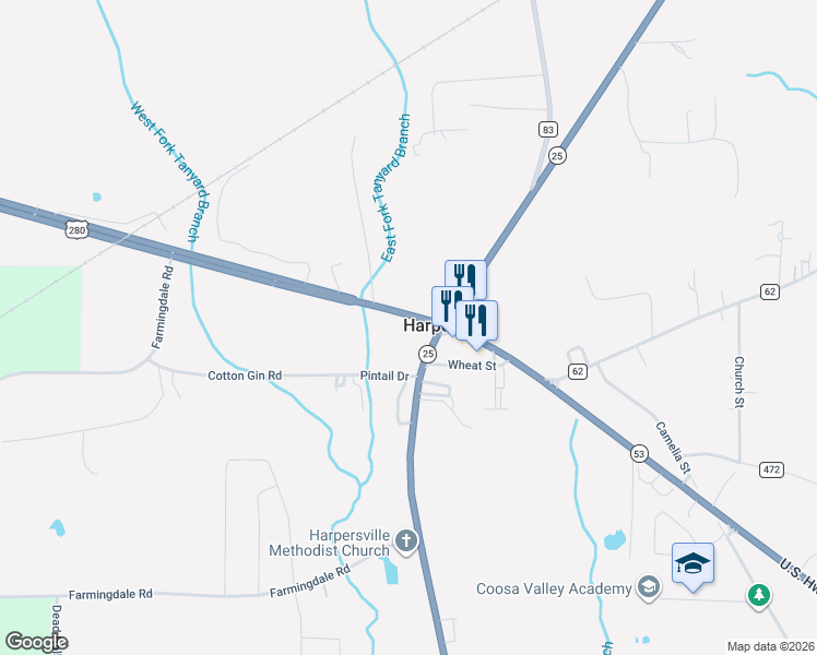 map of restaurants, bars, coffee shops, grocery stores, and more near 39414 Alabama 25 in Harpersville