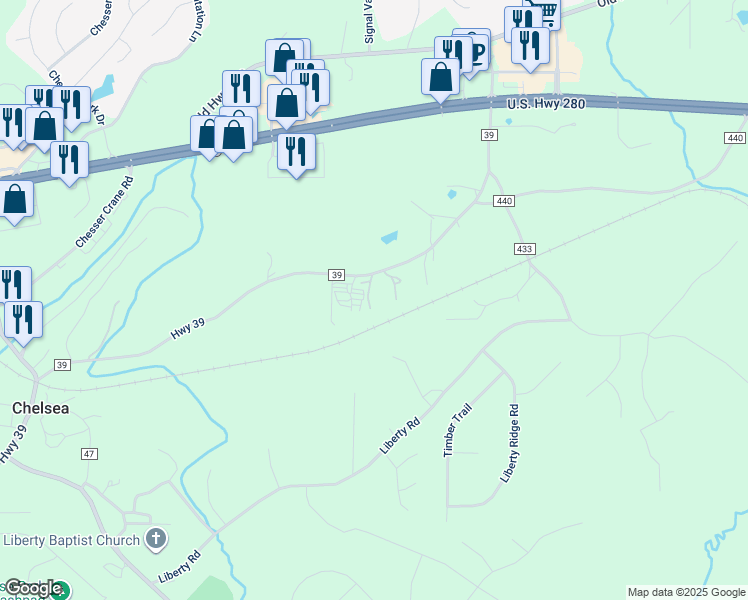 map of restaurants, bars, coffee shops, grocery stores, and more near 759 County Road 39 in Chelsea