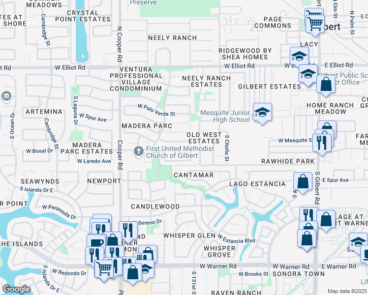 map of restaurants, bars, coffee shops, grocery stores, and more near 332 South Golden Key Drive in Gilbert