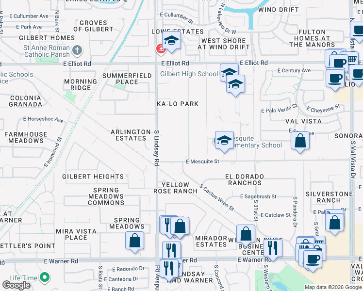 map of restaurants, bars, coffee shops, grocery stores, and more near 842 East Mesquite Street in Gilbert