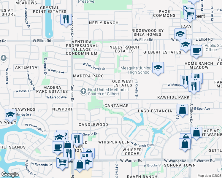 map of restaurants, bars, coffee shops, grocery stores, and more near 332 South Golden Key Drive in Gilbert